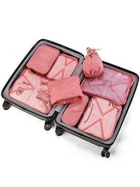 Pink 8 Pc Packing Cubes Set Shoe Bag Toiletry Bag Travel Luggage Organizers